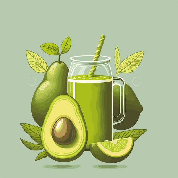 Jus D'avocat Vert En Illustration Vectorielle De Bocal Une Affiche De Conception De Boisson Smoothie En Verre