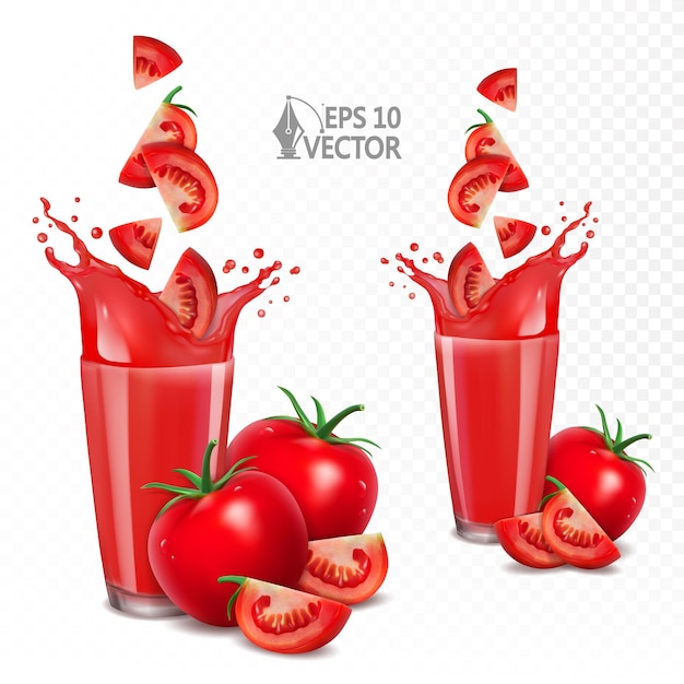 Vecteur jus frais de tomate réaliste avec des tranches tombantes illustration vectorielle 3d de splash juteux naturel liquide
