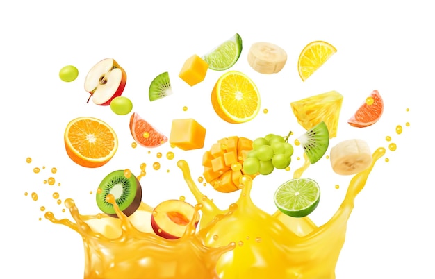 Vecteur le jus de fruits et le mélange de fruits dans la vague corona