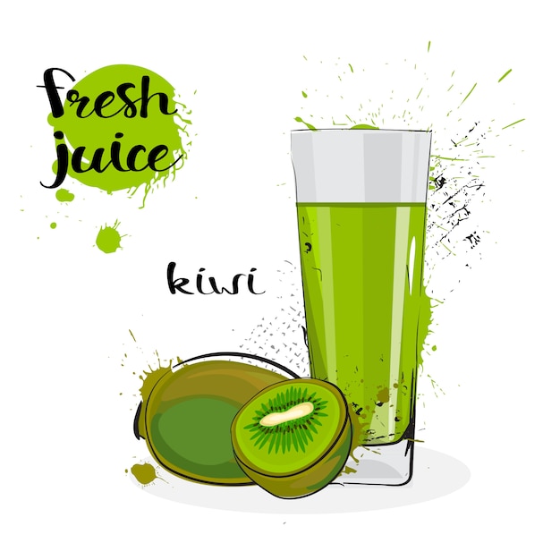 Vecteur jus de kiwi fruits aquarelle dessinés à la main fraîche et verre sur fond blanc