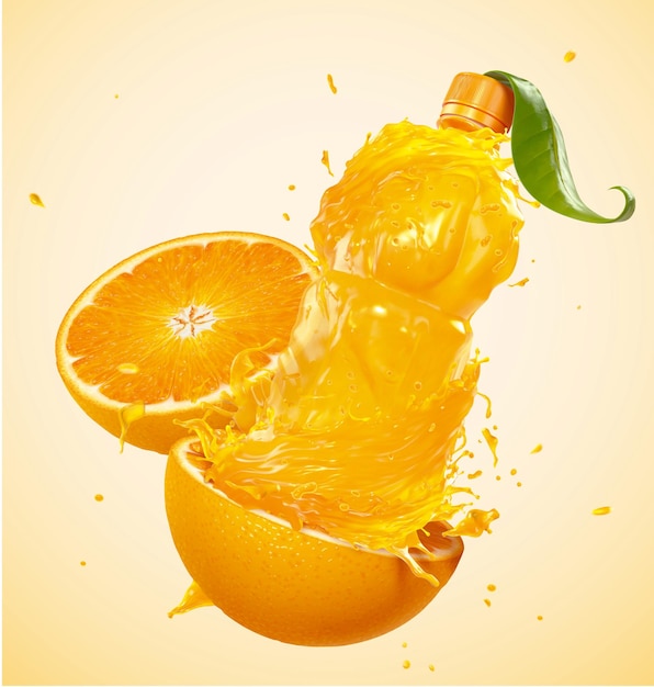 Vecteur jus d'orange en forme de bouteille avec peeling en illustration 3d