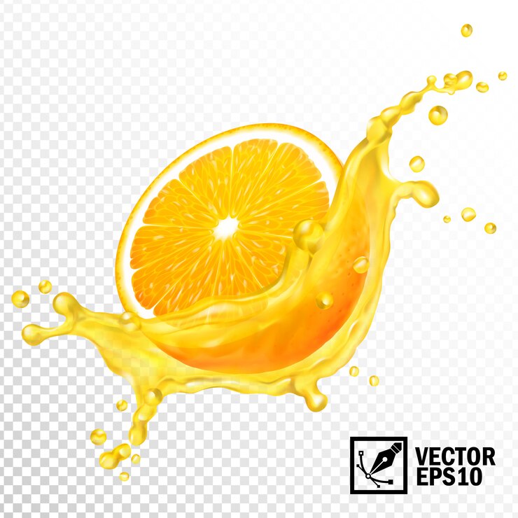 Vecteur jus d'orange en tranches transparent réaliste 3d splash. maille modifiable à la main.