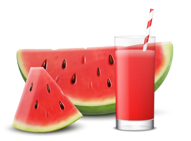 Vecteur jus de pastèque ou smoothie en verre avec paille moitié et morceau de pastèque isolé sur fond transparent illustration vectorielle 3d réaliste