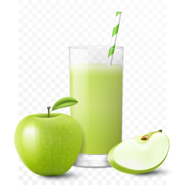 Jus De Pomme Ou Smoothie En Verre Avec Pomme De Paille Frais Isolé Sur Fond Transparent Vert