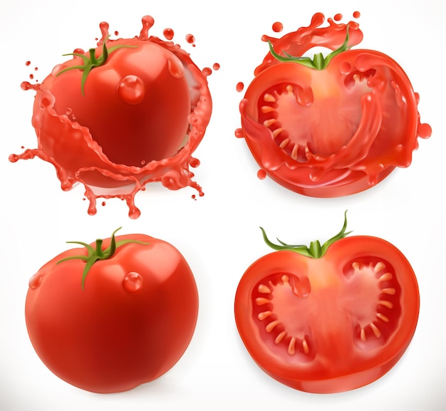 Jus de tomate. Légume frais. Jeu d'icônes vectorielles réalistes 3D