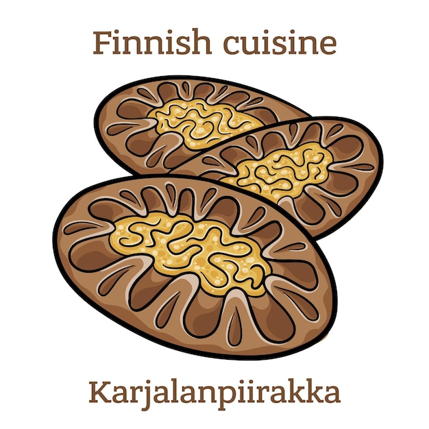 Karjalanpiirakka La croûte de seigle est traditionnellement remplie de bouillie de riz et garnie de beurre d'œuf Cuisine finlandaise Image vectorielle isolée