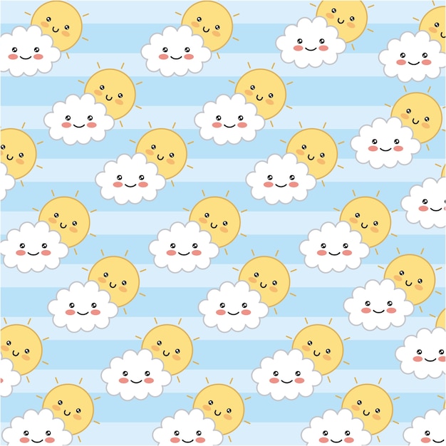 Kawaii Adorables Soleil Et Nuages ​​heureux Motif