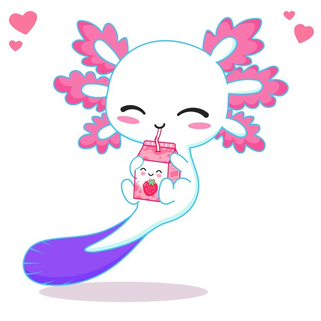 Vecteur kawaii axolotl buvant du thé au lait aux fraises dessin animé illustration vectorielle