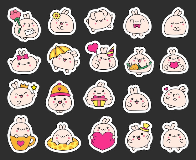 Kawaii bunny Sticker Bookmark Cute dessin animé drôle personnage d'animal de compagnie bébé animal souriant.