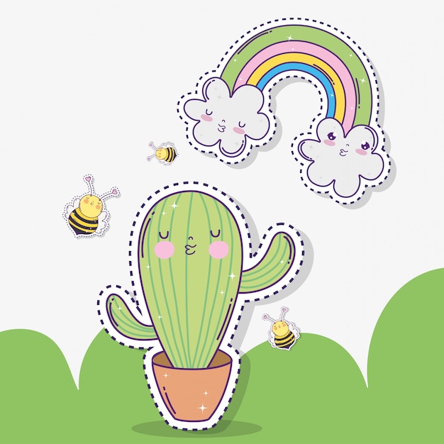 Kawaii Cactus Avec Abeilles Et Nuages Avec Arc-en-ciel