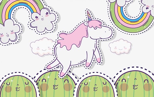 Kawaii Cactus Avec Licorne Et Nuages Avec Arc-en-ciel