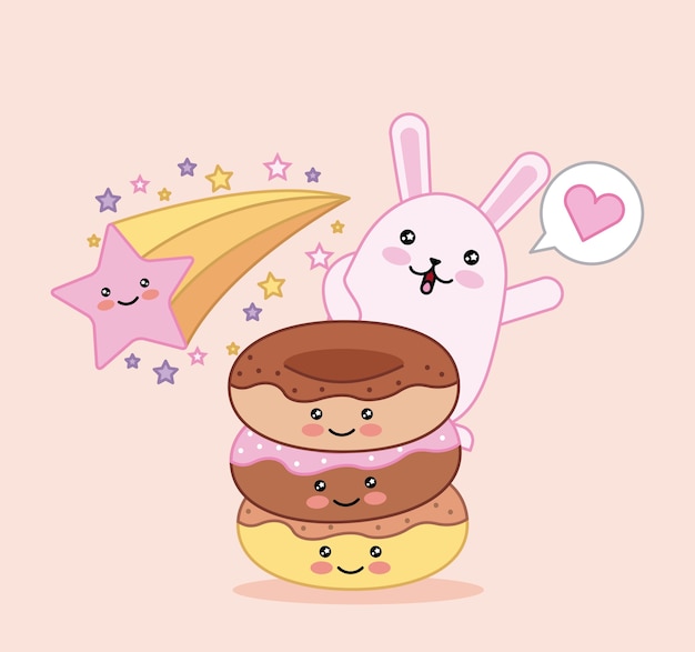 Kawaii Chat Doux Et Beignet Star Dessin Animé Heureux