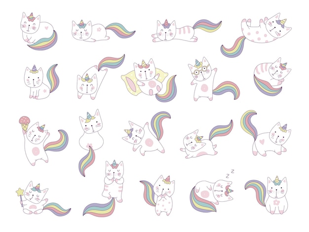 Vecteur kawaii chats drôles d'animaux heureux fantaisie licornes en action pose récent jeu d'illustrations vectorielles