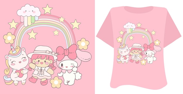 Vecteur kawaii douce animal jolie fille sur fond rose pour t-shirt arc-en-ciel d'art inspirant