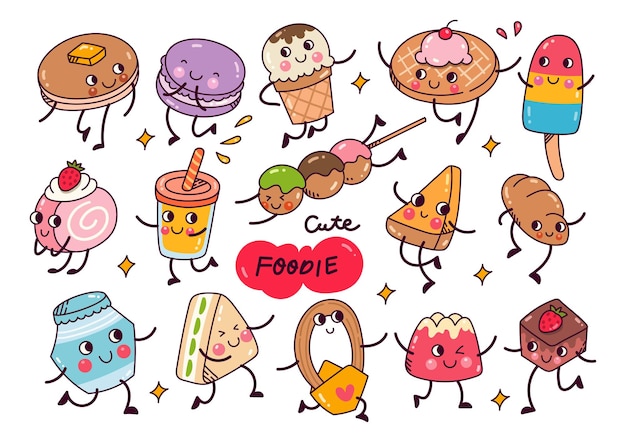 Kawaii Food Doodle Collection Isolé Sur Fond Blanc