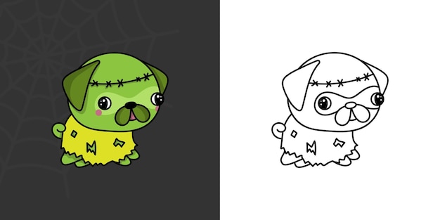 Kawaii Halloween Pug Dog Clipart Multicolore Et Noir Et Blanc. Chiot Mignon D'halloween De Kawaii.