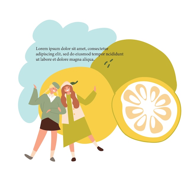 Kawaii Jeunes Filles Sur Fond De Fruits Yuzu Mûr Jaune Illustration Mignonne Du Concept De Produits Biologiques Clipart Vectoriel Coloré Tous Les éléments Sont Isolés Sur Fond Blanc