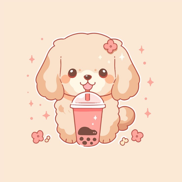 Vecteur kawaii mignon chien heureux chiot boisson thé à bulles dessin animé style dessin logo de conception