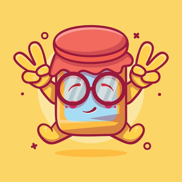 kawaii, pot confiture, caractère, mascotte, à, signe paix, geste main, isolé, dessin animé, dans, plat, style, conception