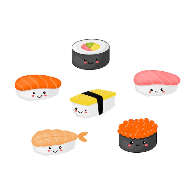 Kawaii Sushi Et Sashimi Cuisine Japonaise Isolée