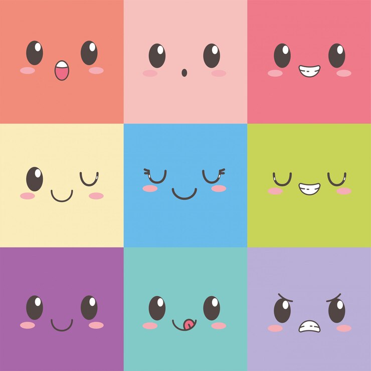 Vecteur kawaii visages expression dessin animé émoticône carré couleur ensemble