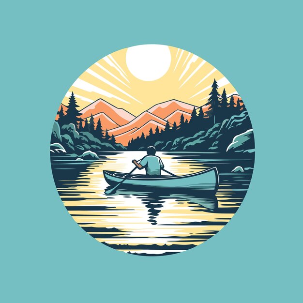 Kayak Sur Le Lac Dans Les Montagnes Illustration Vectorielle Dans Le Style Rétro