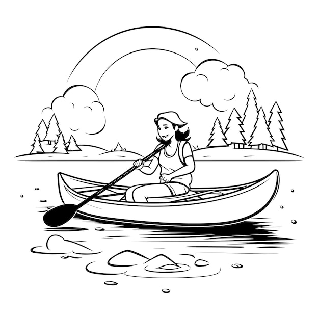 Vecteur kayak sur le lac illustration vectorielle en noir et blanc