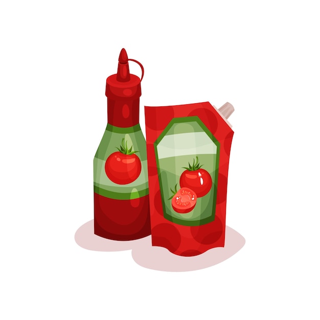 Vecteur ketchup en bouteille plastique et emballage souple produit biologique élément vectoriel plat pour bannière ou affiche promotionnelle