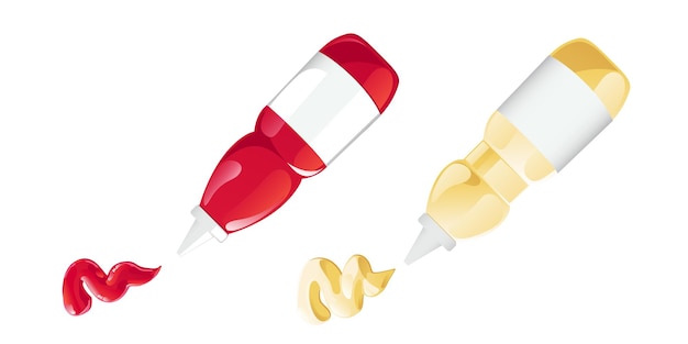 Ketchup Et Mayonnaise Dans Les Bouteilles Avec Jeu D'étiquettes. Illustration Vectorielle En Style Cartoon Plat.