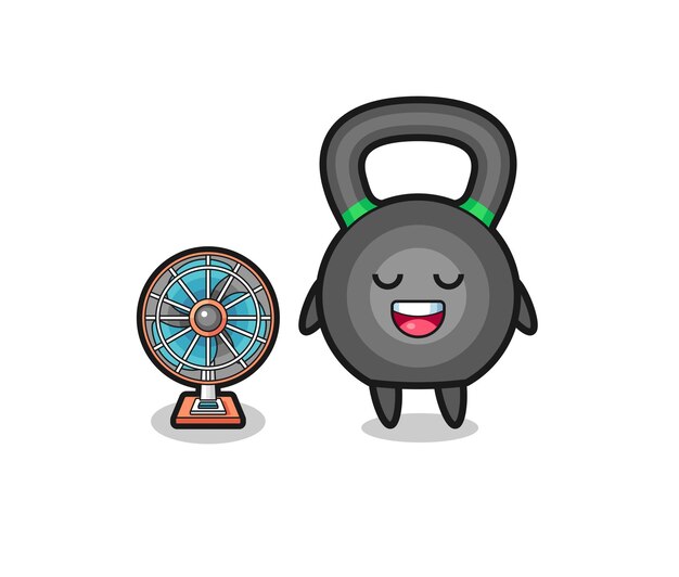 Le Kettlebell Mignon Se Tient Devant Le Ventilateur