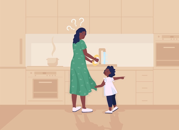 Kid Distrait L'illustration Vectorielle De Couleur Plate Mère. Maman Occupée à Faire Le Ménage. Tout-petit Exige L'attention Du Parent. Personnages De Dessins Animés Familiaux 2d Avec Intérieur De Cuisine Sur Fond