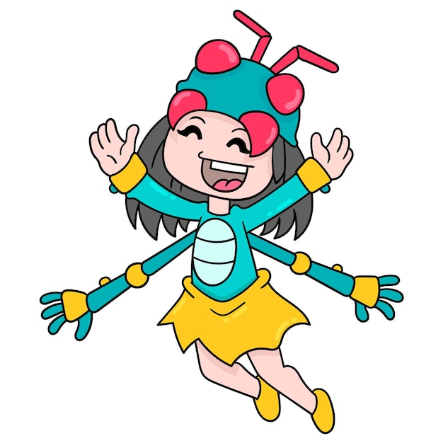 Kid Girl Wearing Fly Insecte Costume, Vector Illustration Art. Doodle Icône Image Kawaii.