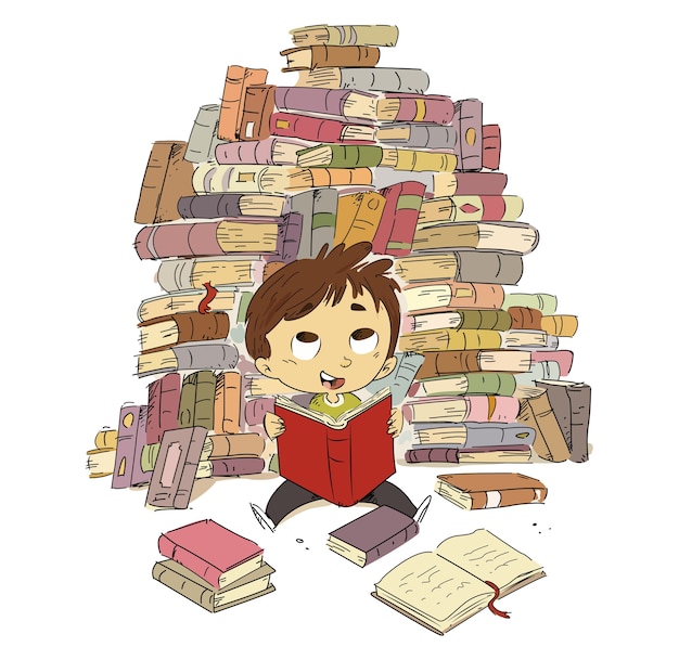 Vecteur kid avec des livres. montagne de livres