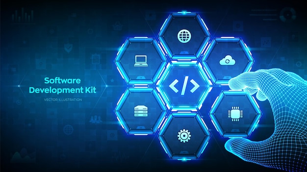 Kit de développement logiciel SDK concept de technologie de langage de programmation sur écran virtuel Code de programmation La main filaire place un élément dans une composition visualisant l'illustration vectorielle SDK