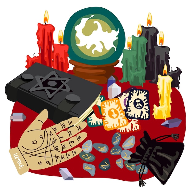 Un kit de divination Un livre de sorts mystiques et des objets de divination Cartoon Ball livre de runes bougies