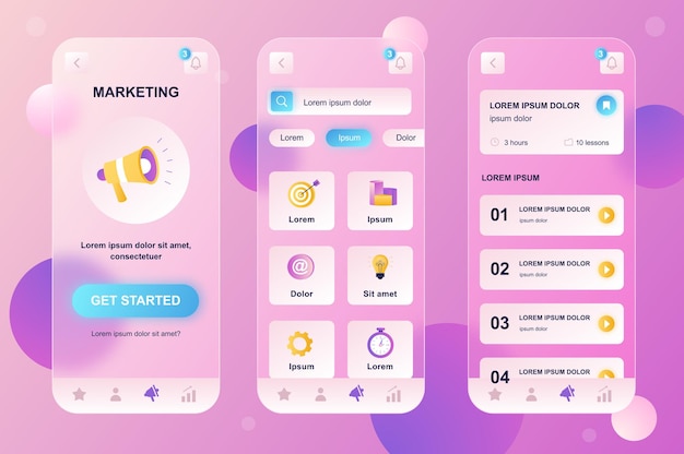 Kit d'éléments neumorphiques de conception en verre de marketing pour l'ensemble d'écrans d'interface utilisateur UX de l'interface utilisateur d'application mobile