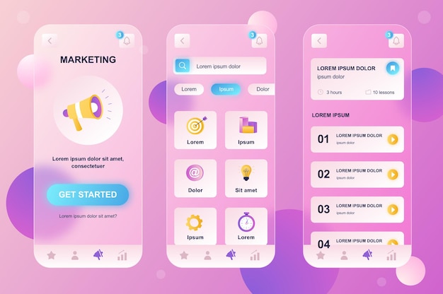 Kit D'éléments Neumorphiques De Conception En Verre De Marketing Pour L'ensemble D'écrans D'interface Utilisateur Ux De L'interface Utilisateur D'application Mobile
