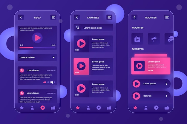 Kit d'éléments neumorphiques de conception de verremorphique de tube vidéo pour l'ensemble d'écrans d'interface utilisateur UX d'interface utilisateur d'application mobile