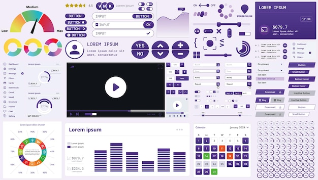 Un kit d'interface moderne avec des boutons, des graphiques et des éléments pour la création d'applications Web et de tableaux de bord idéaux pour les statistiques commerciales et les finances