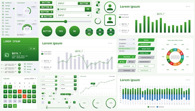 Un kit d'interface moderne avec des boutons, des graphiques et des éléments pour la création d'applications Web et de tableaux de bord idéaux pour les statistiques commerciales et les finances