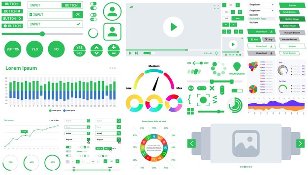 Un kit d'interface moderne avec des boutons, des graphiques et des éléments pour la création d'applications Web et de tableaux de bord