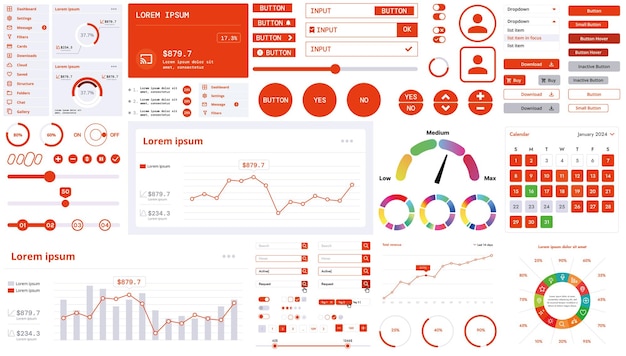 Un kit d'interface moderne avec des boutons, des graphiques et des éléments pour la création d'applications Web et de tableaux de bord