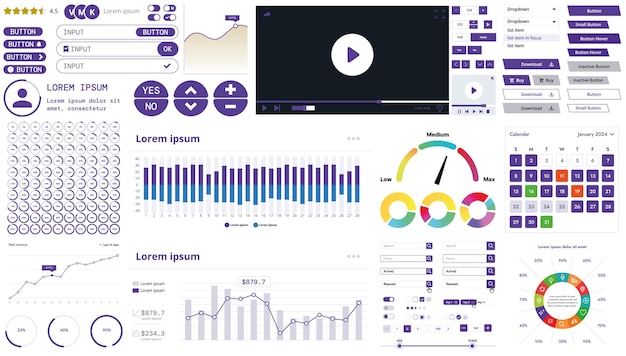 Un kit d'interface moderne avec des boutons, des graphiques et des éléments pour la création d'applications Web et de tableaux de bord