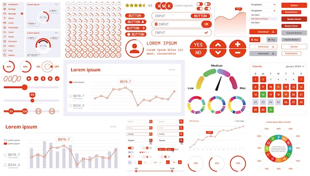 Un kit d'interface moderne avec des boutons, des graphiques et des éléments pour la création d'applications Web et de tableaux de bord