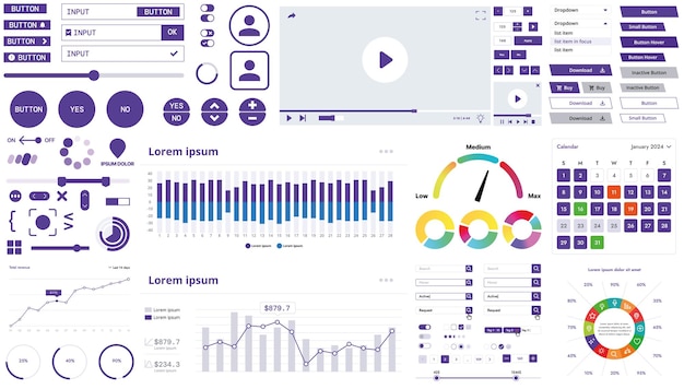 Un kit d'interface moderne avec des boutons, des graphiques et des éléments pour la création d'applications Web et de tableaux de bord