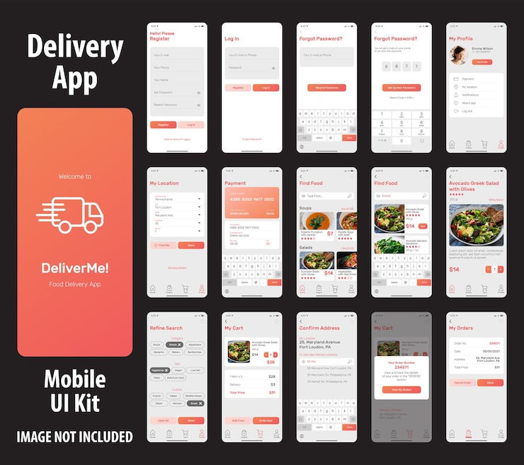Vecteur kit d'interface utilisateur d'application mobile de livraison