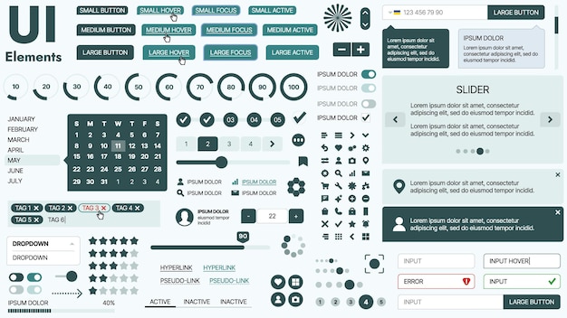 Kit d'interface utilisateur moderne avec une collection de boutons essentiels, d'icônes et d'éléments de navigation pour les sites Web et les applications mobiles Idéal pour la conception réactive et les tableaux de bord
