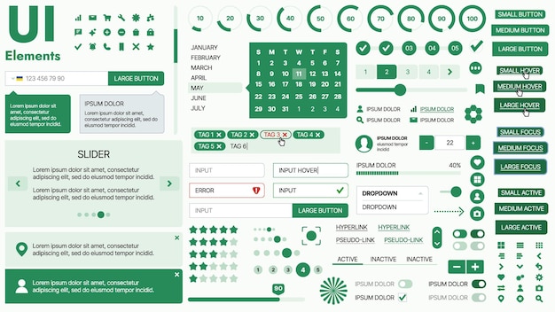 Kit d'interface utilisateur moderne avec une collection de boutons essentiels, d'icônes et d'éléments de navigation pour les sites Web et les applications mobiles Idéal pour la conception réactive et les tableaux de bord