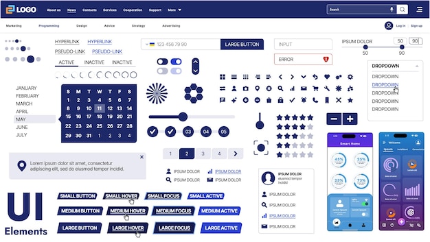 Un kit d'interface utilisateur moderne avec une collection de boutons, d'icônes, de menus de navigation et d'un design réactif