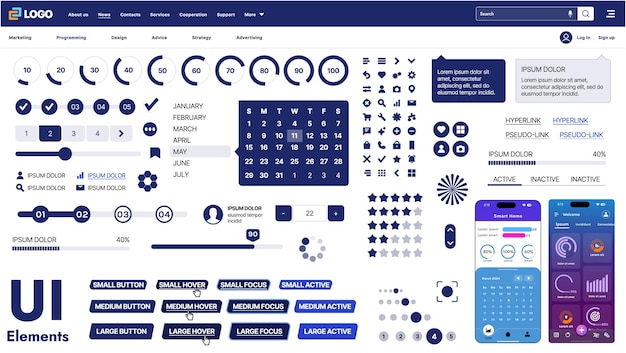 Un kit d'interface utilisateur moderne avec une collection de boutons, d'icônes, de menus de navigation et d'un design réactif